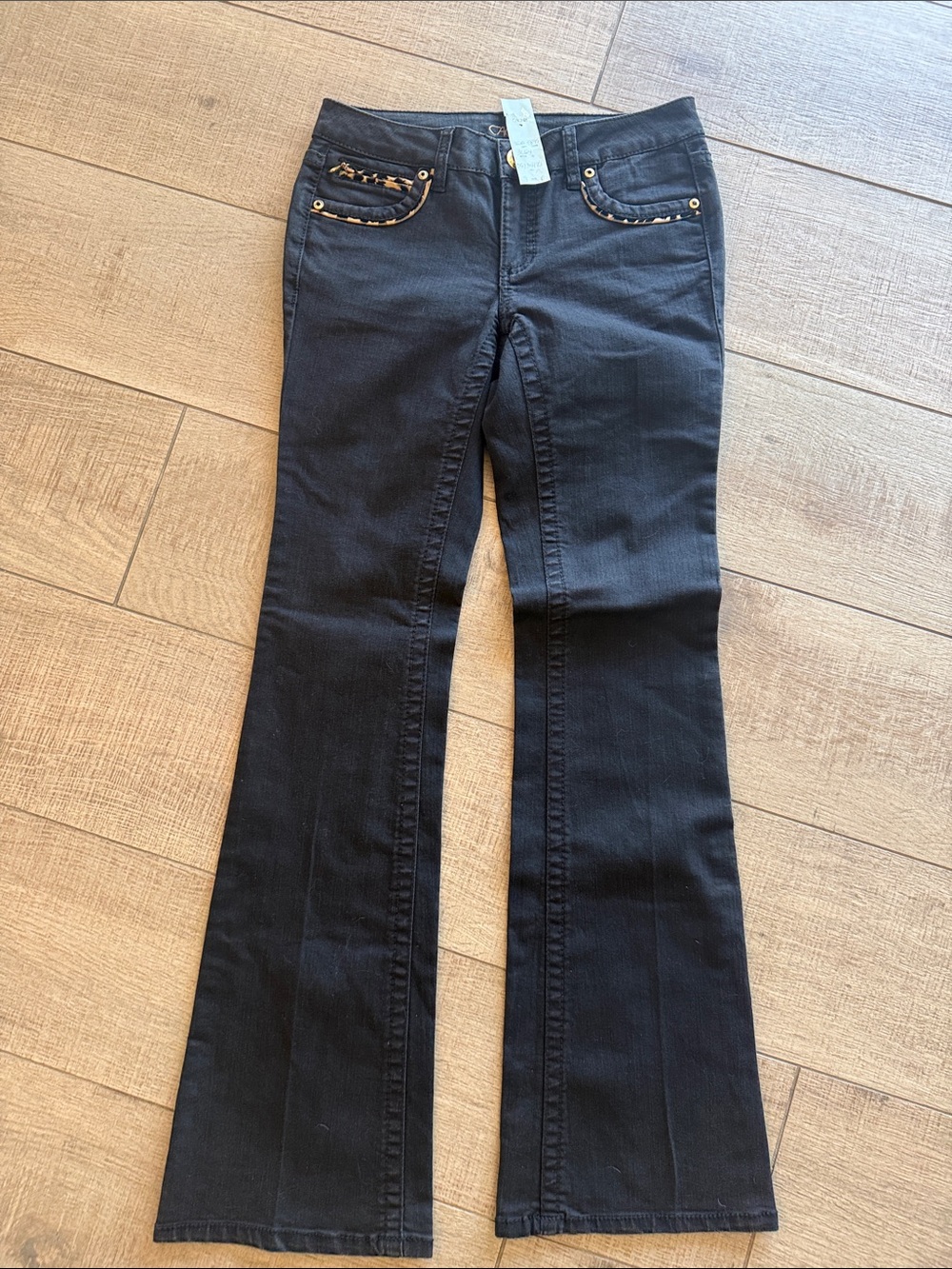 Cache Black Flare Jeans with Animal Print Pocket Trim